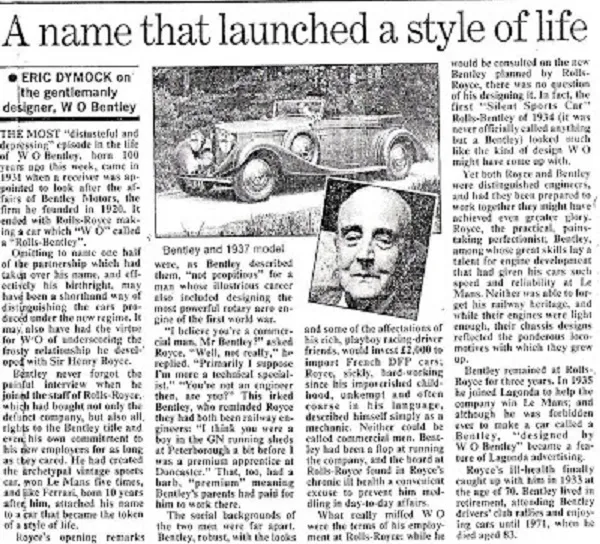 Artikel om Walter Owen Bentleys død, 1971.
