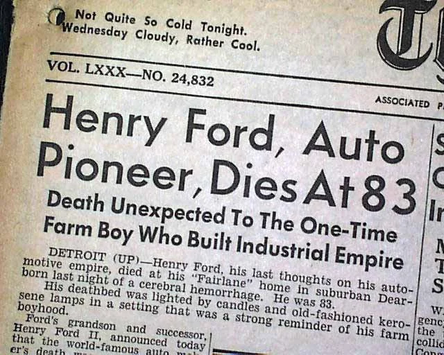 Artikel om Henry Fords død 1947