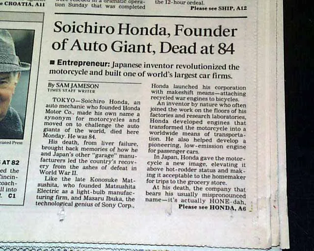 Første rapport om Soichiro Hondas død - Los Angeles Times 1991